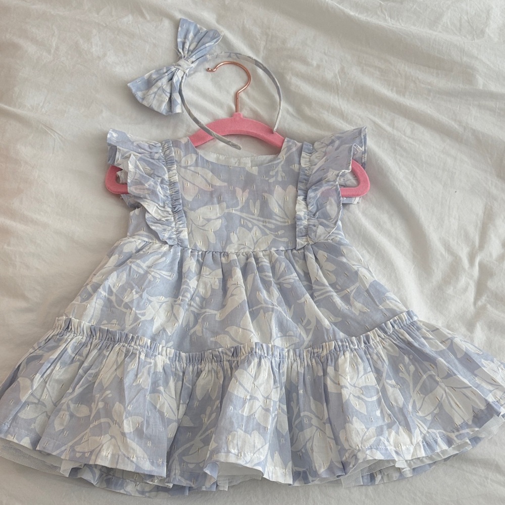 Light Blue and White floral Dress with gold accents and matching head band